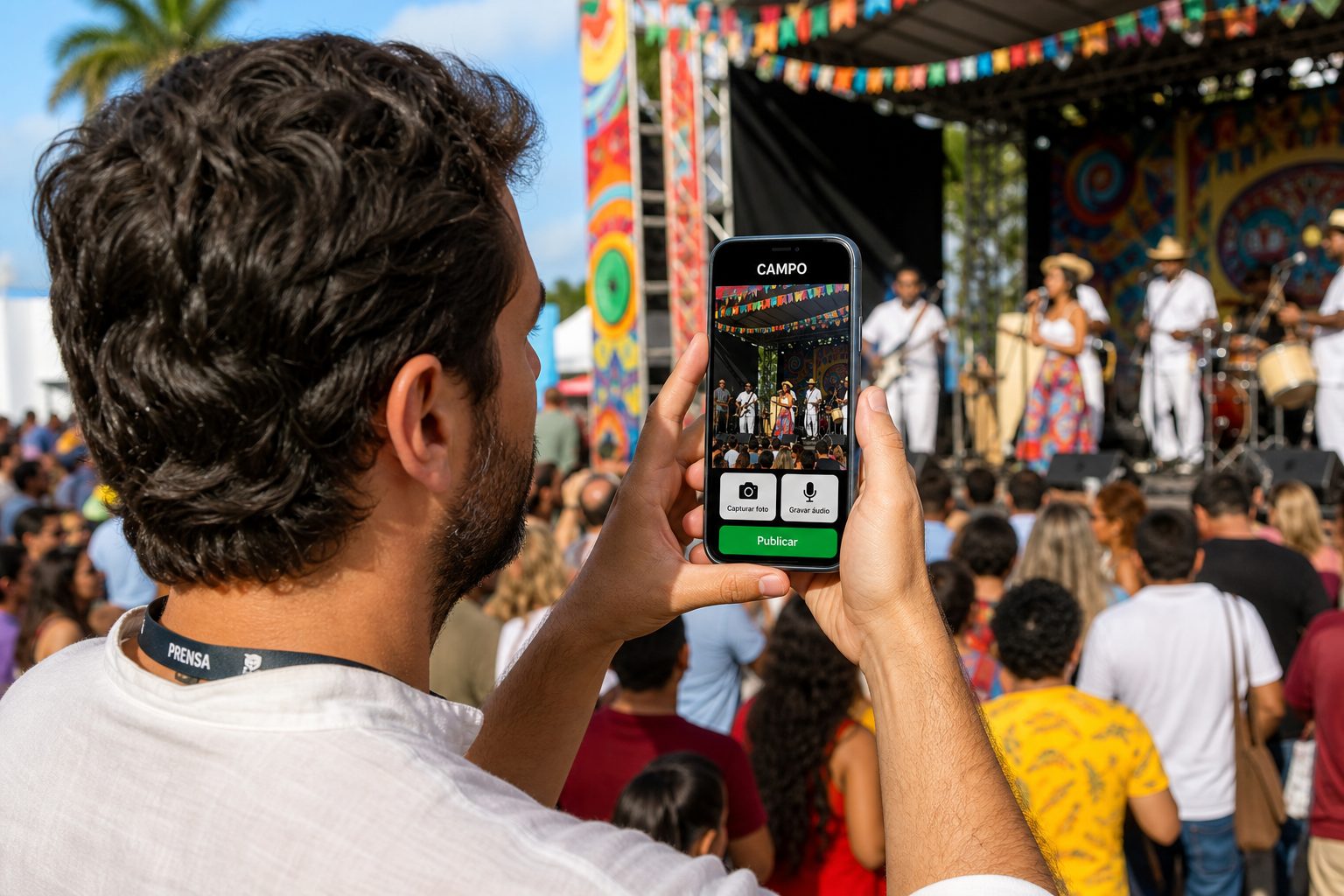 Jornalista fotografando evento cultural com o app Campo