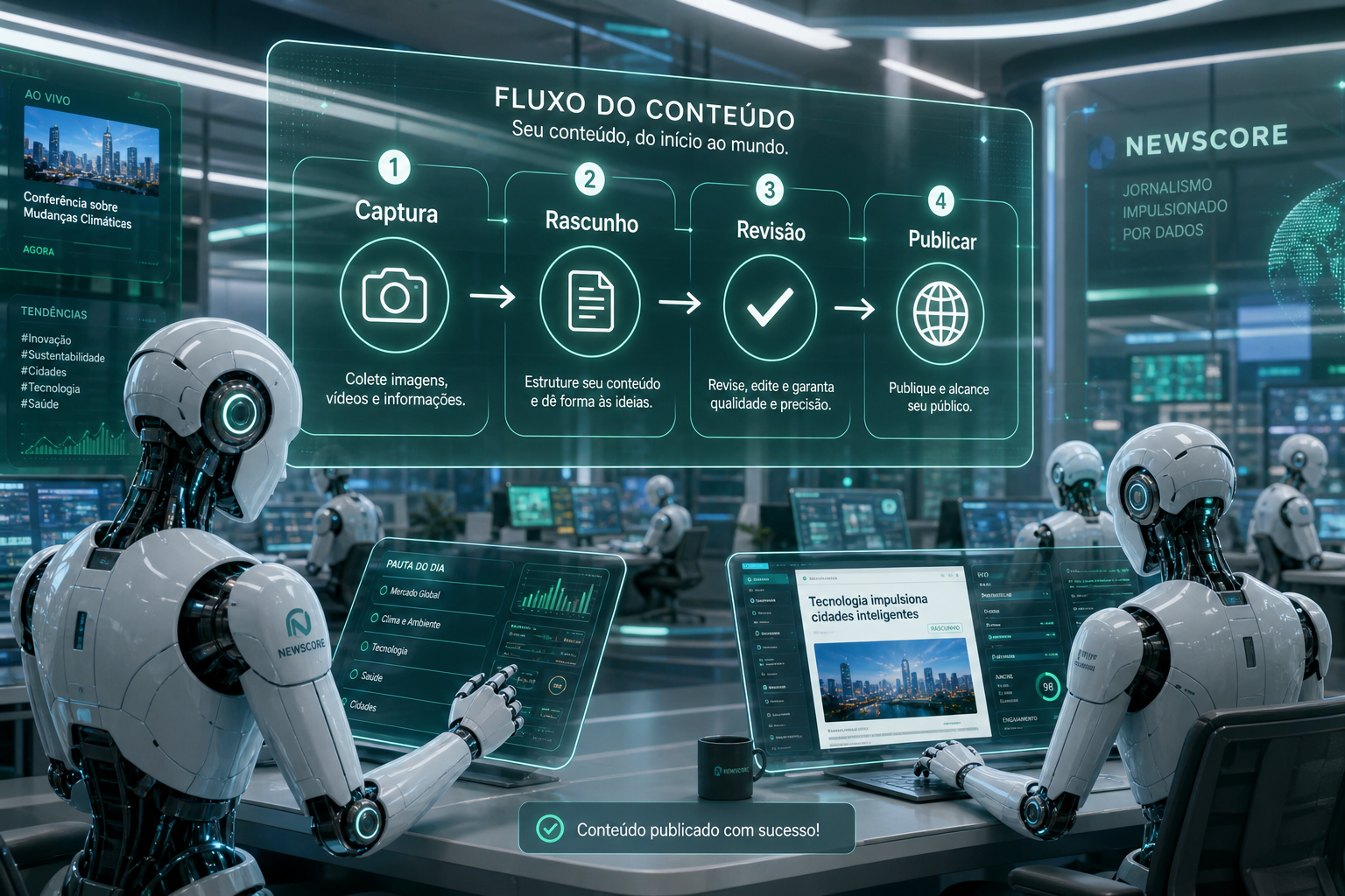 Redação futurista com robots e fluxo do app em overlay